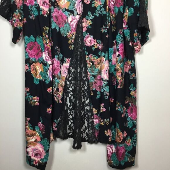 Black with flowers cover up lace floaty duster asymmetrical hem short sleeve XL - Picture 3 of 9